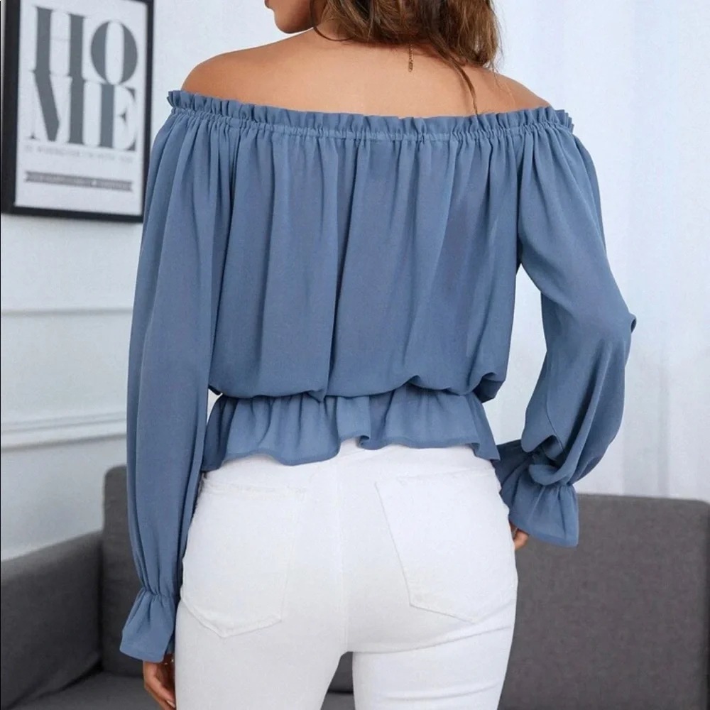 Off Shoulder Frilled Drawstring Front Flounce Sleeve
Ruffle Hem Chiffon … - Picture 2 of 4